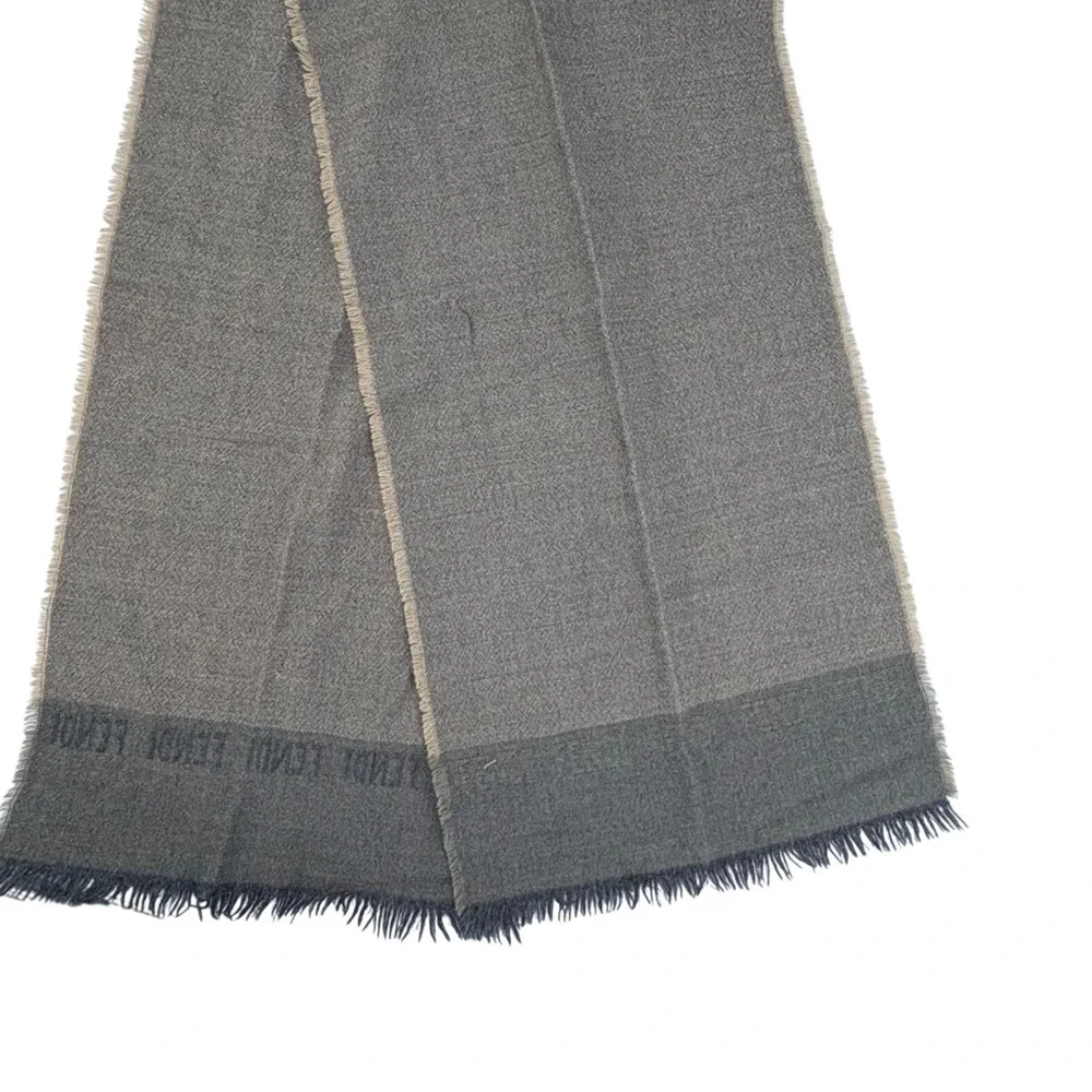 Fendi Cravatte Scarf Grey Brown Wool Blend Logo Border Made in Italy Fringe